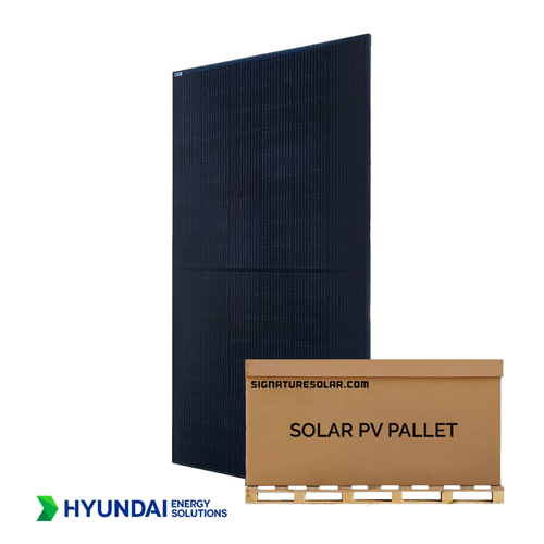 Pallet of Hyundai 440W bifacial black-on-black solar panel on white background