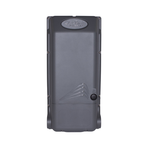 Outdoor-rated gray electrical enclosure with hinged cover and circular access port.