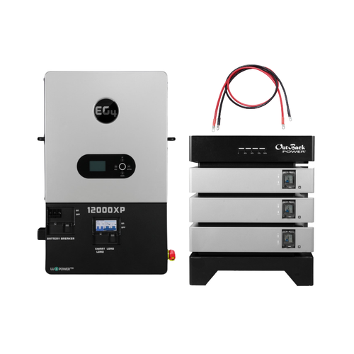 Front face view of EG4 12000XP next to a 3 stack of EnergyCell 5 Batteries with BMS Junction Box and Battery Base