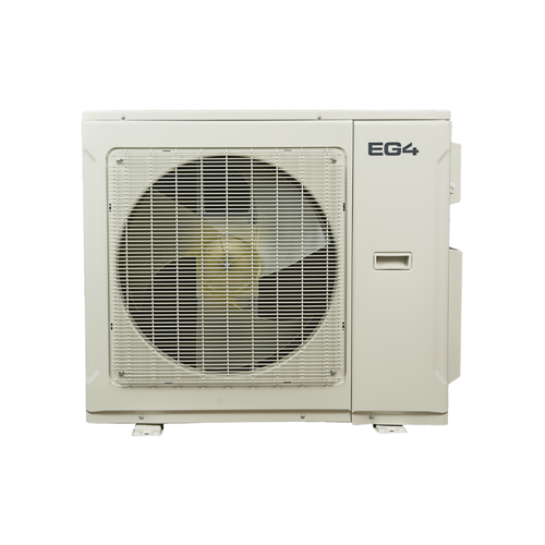 Front-facing and side profile view of a mini split outdoor unit on a clean white background.