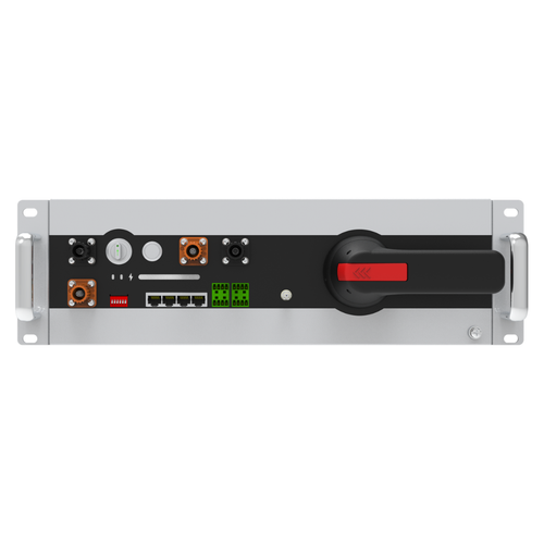 Front-facing rack-mounted high-voltage battery control unit with ports, LEDs, and rotary disconnect.
