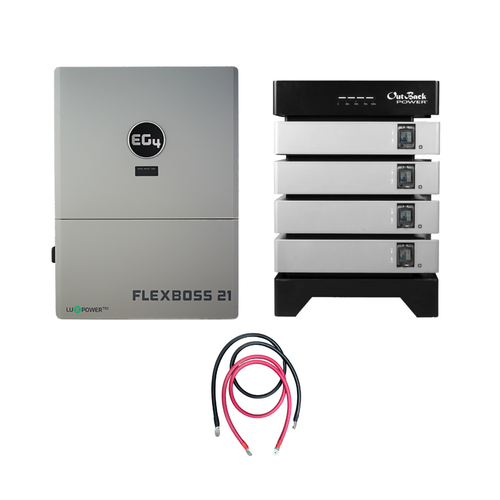 Front Face view of EG4 FlexBOSS21 inverter next to a 4 stack of Outback EnergyCell 5 Batteries and 4/0 AWG Cables underneath them