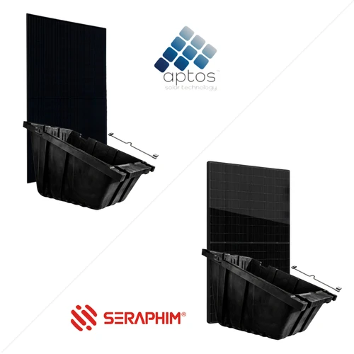 Solar panel mounting bundles featuring Aptos and Seraphim solar panels paired with black adjustable mounting tubs and hardware, displayed side by side on a white background.