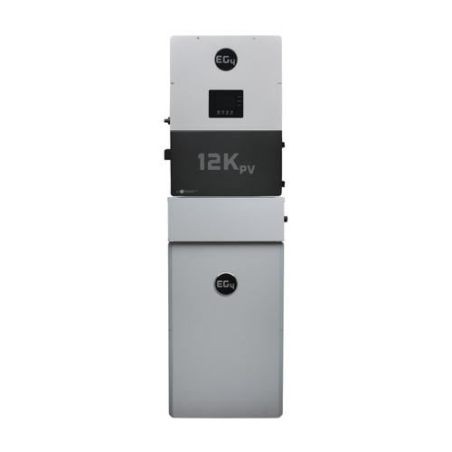 Front face view of EG4 12kPV with 280Ah All Weather WallMount Battery with All Weather Conduit Box