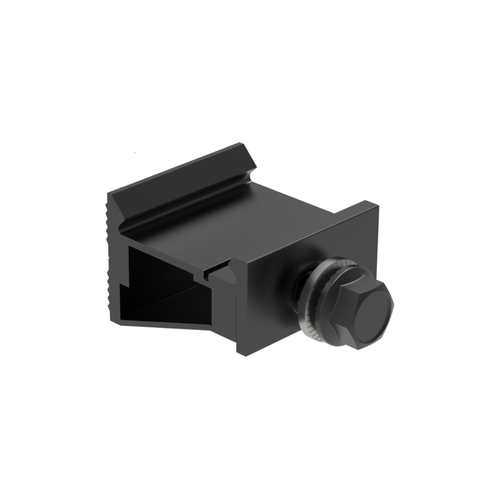 Black Top Rack Rail Holder with a mounting bolt for securing solar rails to roof mounting brackets.