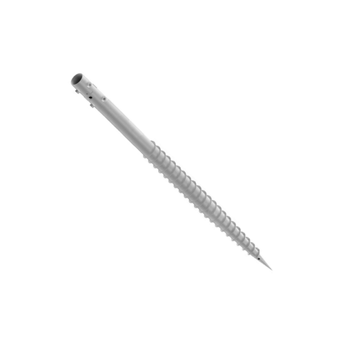 Tamarack Solar 1600mm x 76mm galvanized ground screw foundation for 2-inch pipe ground mount solar systems, shown at an angled view on a white background