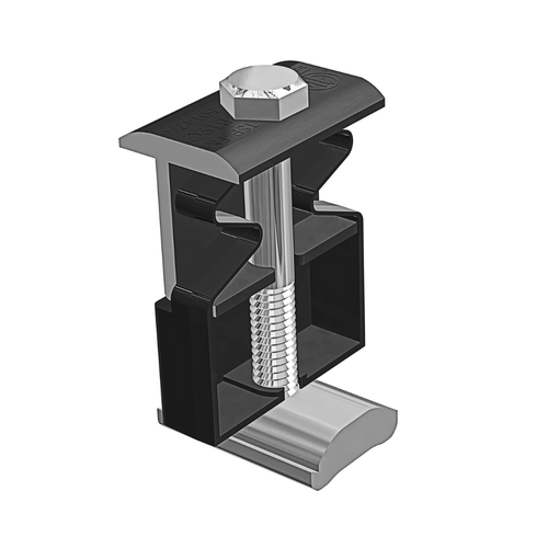 Front-facing view of the Tamarack Solar 5050+ Clamp in black, designed to securely mount 30mm to 40 mm framed solar panels to Tamarack rail systems.