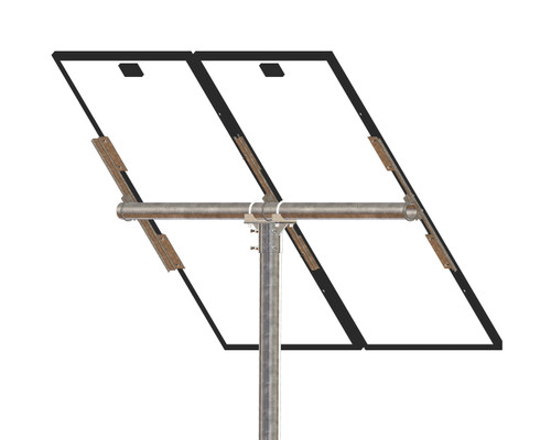 Tamarack Solar UNI-PGRM-2P1-47 adjustable top-of-pole solar panel mount supporting two portrait-oriented solar modules 