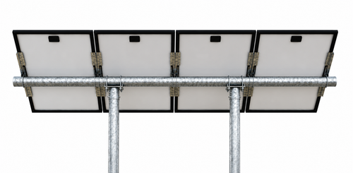 Tamarack Solar UNI-PGRM-4P2 adjustable top-of-pole solar panel mount supporting four portrait-oriented solar modules on a two galvanized steel post mounting system with adjustable tilt.