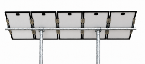 Tamarack Solar UNI-PGRM-5P2 adjustable top-of-pole solar panel mount supporting five portrait-oriented solar modules on a galvanized steel dual-post mounting system with adjustable tilt.