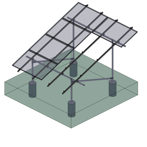 rendering of a four-post ground-mounted solar racking system supporting 5 solar panels arranged in one row of four and one of one