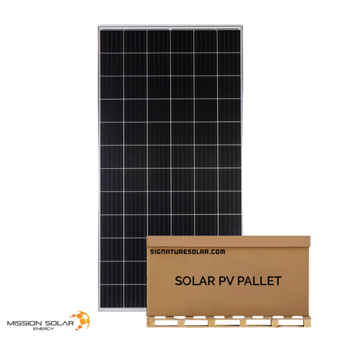 Front-facing view of a Mission Solar 385W monofacial solar panel standing upright on a shipping pallet.