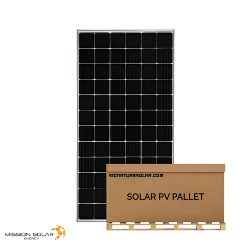 Front-facing view of a Mission Pallet of 365W monofacial solar panel standing on a white background. 