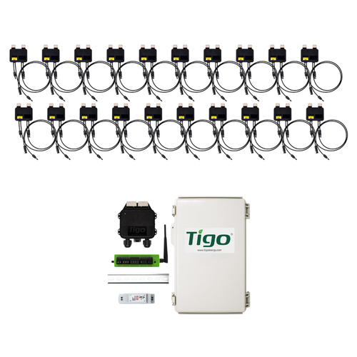Tigo solar optimization bundle featuring twenty TS4-A-O 725W module-level power optimizers, one Cloud Connect Advanced (CCA), one Tigo Access Point (TAP), outdoor-rated enclosure, DIN rail, and power supply for module-level monitoring and rapid shutdown.
