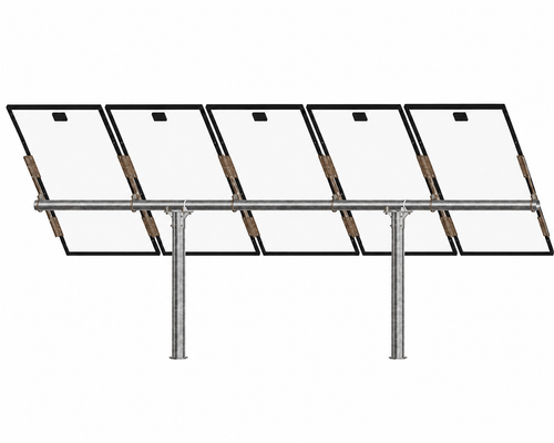 Tamarack Solar UNI-PGRM-5P2-47 adjustable top-of-pole solar panel mount supporting five portrait-oriented solar modules on a galvanized steel dual-post mounting system with adjustable tilt.