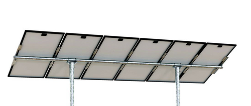 Tamarack Solar UNI-PGRM-6P2 adjustable top-of-pole solar panel mount supporting six portrait-oriented solar modules on a galvanized steel dual-post mounting system with adjustable tilt.