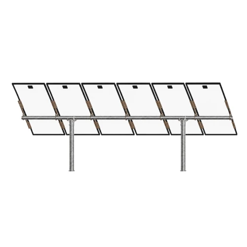 Tamarack Solar UNI-PGRM-6P2-47 adjustable top-of-pole solar panel mount supporting six portrait-oriented solar modules on a galvanized steel dual-post mounting system with adjustable tilt.