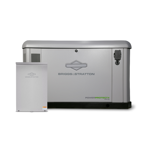 Briggs & Stratton PP18 standby home generator in a gray weather-resistant enclosure with 200A ATS, shown from the front against a white background