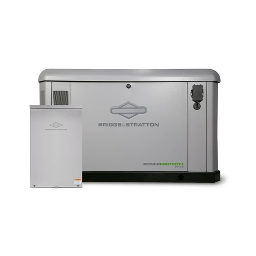 Briggs & Stratton PowerProtect+™ PP22 22kW whole-home standby generator bundle with 400A automatic transfer switch, Symphony® Choice Power Management, and integrated EnergyTrak™ monitoring.