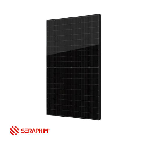 Seraphim black solar panel with red Seraphim logo on a white background.