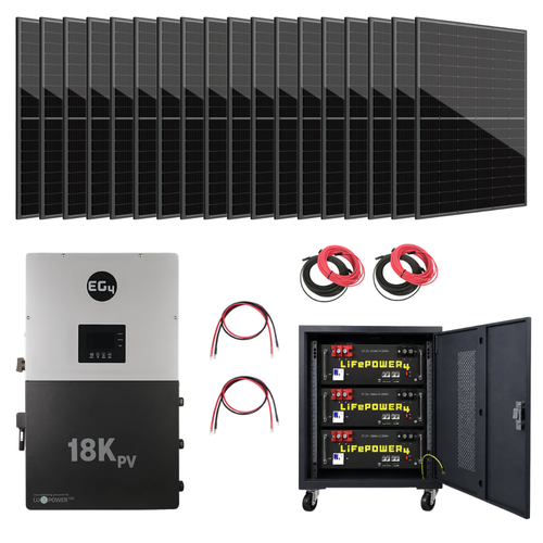EG4 18kPV hybrid inverter solar kit with 18 ZNShine panels, three EG4 LifePower4 lithium batteries in a rolling rack, and connection cables.