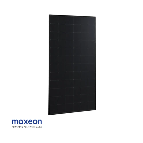 Maxeon all-black solar panel with black frame shown at a slight angle on a white background.