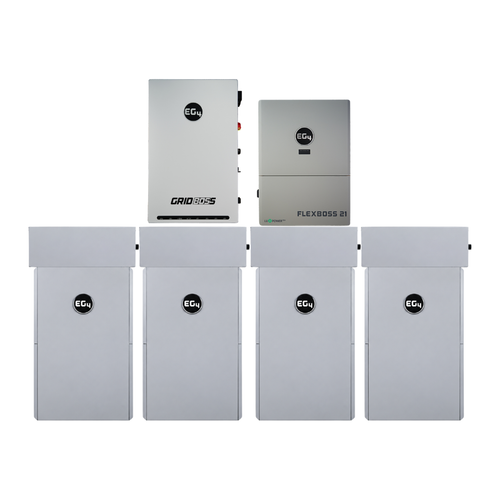 EG4 GridBOSS and FlexBOSS21 above four 280Ah All Weather WallMount batteries with conduit boxes