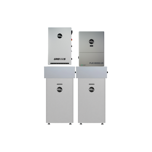 EG4 GridBOSS and FlexBOSS21 above two 314Ah All Weather WallMount batteries with conduit boxes