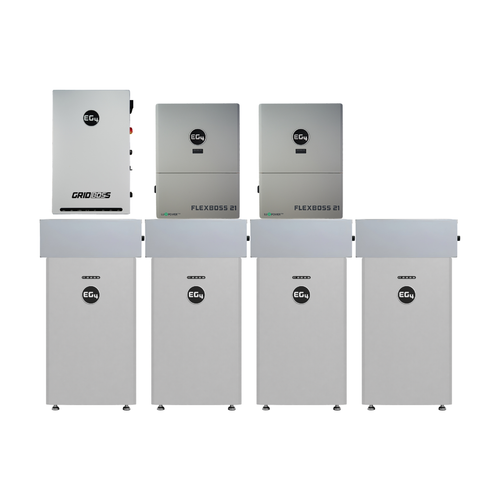 EG4 GridBOSS and 2 FlexBOSS21 above four 314Ah All Weather WallMount batteries with conduit boxes