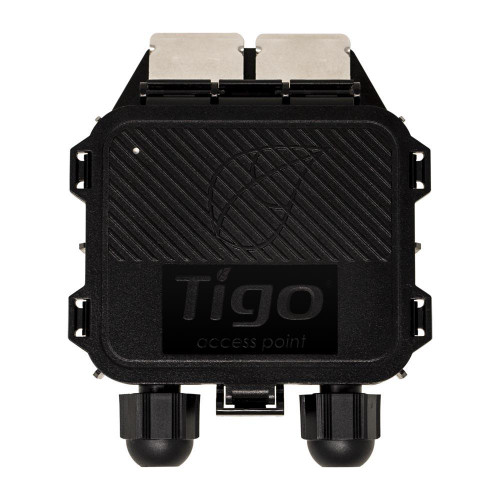 Tigo Access Point wireless communication module in black on a white background front facing. 