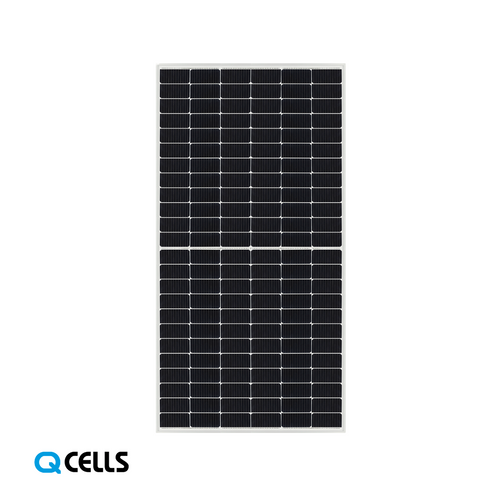 Front view of a Q.CELLS monocrystalline solar panel with a silver frame and black half-cut cells arranged in a grid pattern.