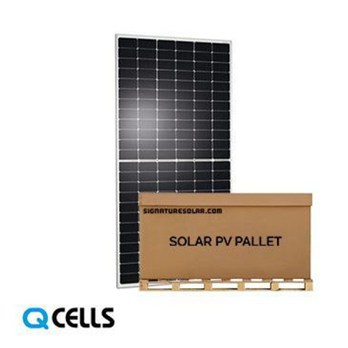 High-efficiency Q CELLS monocrystalline solar panels full pallet side view 