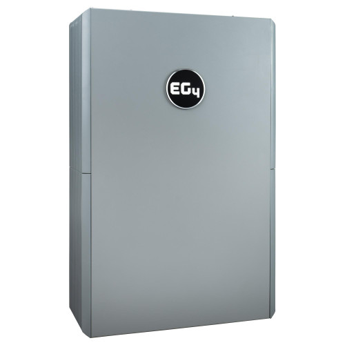 Angled front view of EG4 wall-mounted lithium battery system with sleek gray housing and EG4 logo.