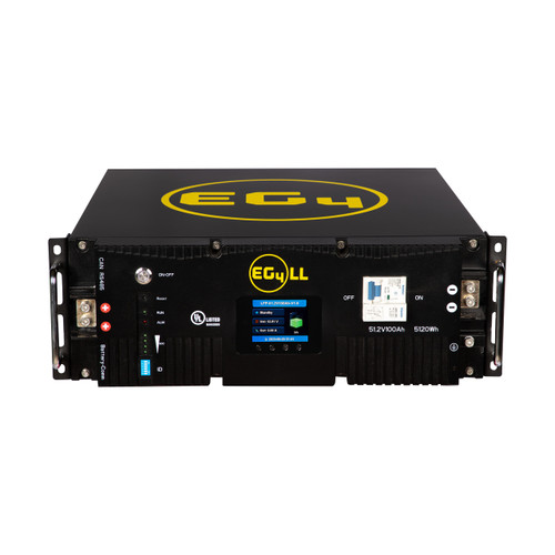 Front angled view of EG4 LL 48V server rack lithium battery with touchscreen display and connection terminals.