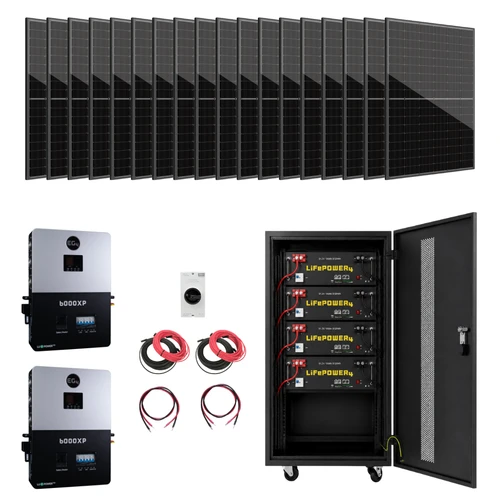 KIT-E0009 with 18 ZNShine Panels above 2 EG4 6000XP Inverters, 2 sets of PV Wire, 2 Sets of Battery Cables, an IMO disconnect and battery server rack with 4 batteries