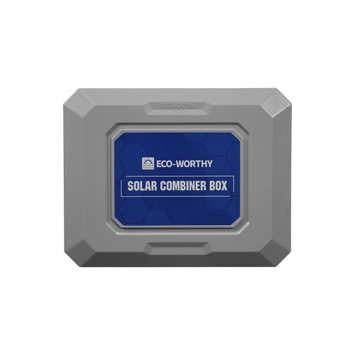 A light-gray, rectangular solar combiner box. The front panel is dark blue with a repeating hexagonal pattern. In the center, white text reads "ECO-WORTHY" above a house-and-sun logo, and "SOLAR COMBINER BOX" below. The brand name is also embossed on the top of the gray enclosure. A light-gray, rectangular solar combiner box. The front panel is dark blue with a repeating hexagonal pattern. In the center, white text reads "ECO-WORTHY" above a house-and-sun logo, and "SOLAR COMBINER BOX" below. The brand name is also embossed on the top of the gray enclosure.