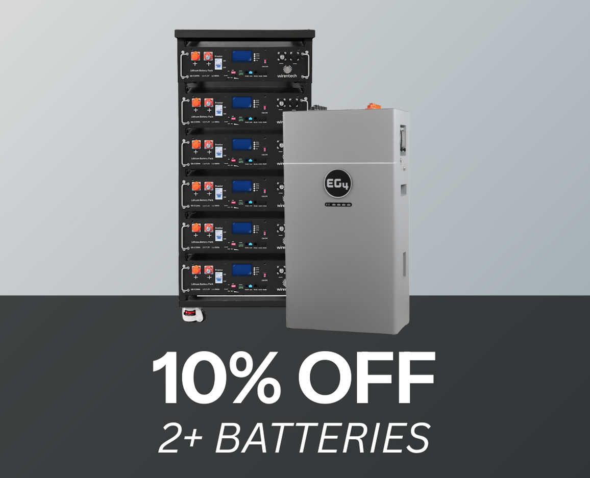 10% Off 2 or more batteries showing Wirentech and EG4 batteries with gray background. Shop now!