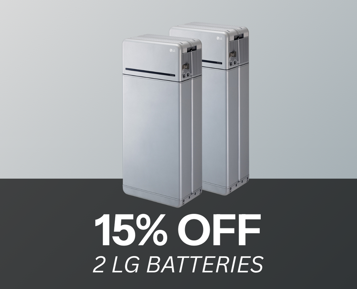 Get 15% off 2 LG batteries showing batteries with gray background. Shop now!