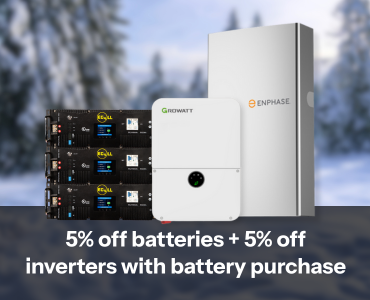 5% off batteries and 5% off inverters when you purchase a battery. Showing Enphase battery and Growatt inverter in winter setting. Shop now!