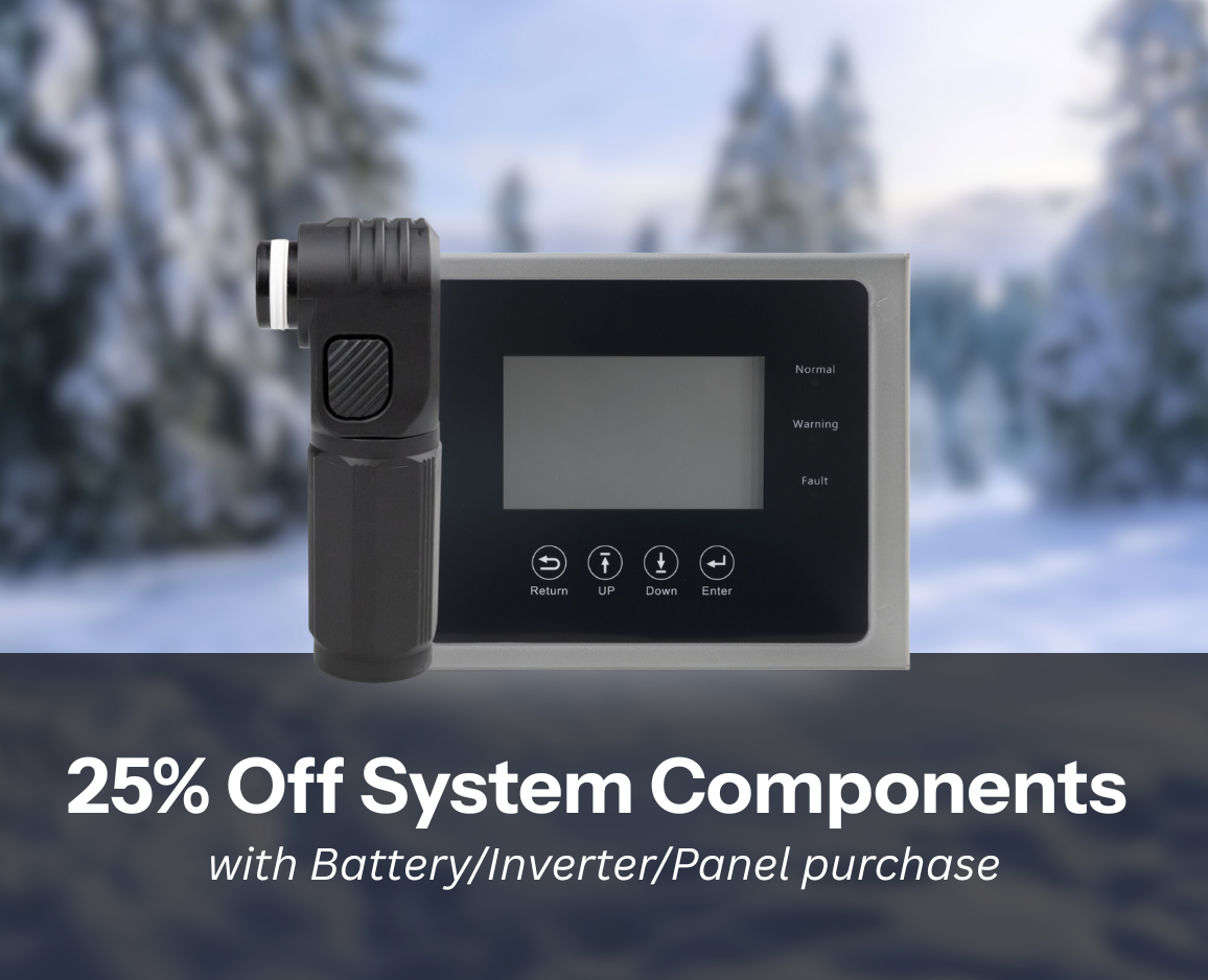 25% off system components with battery, inverter, or panel purchase with winter background. Shop system components now!
