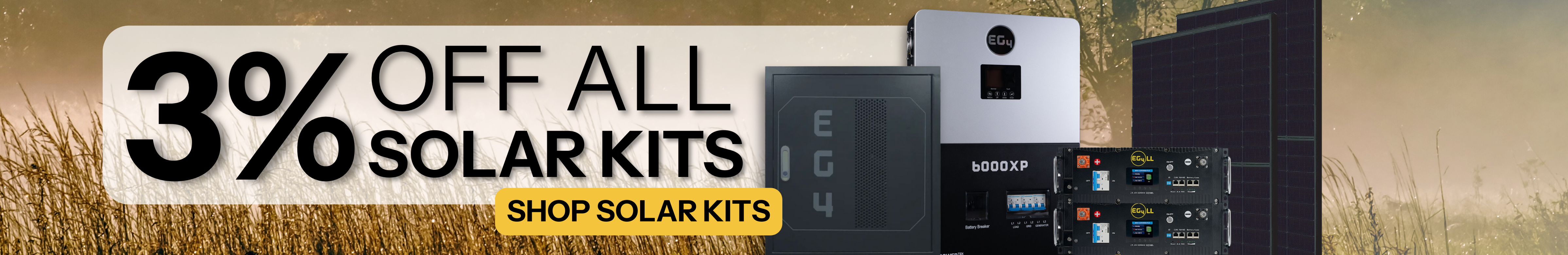 3% off all solar kits showing EG4 off-grid solar kit in grass field at dusk. Shop Solar Kits.
