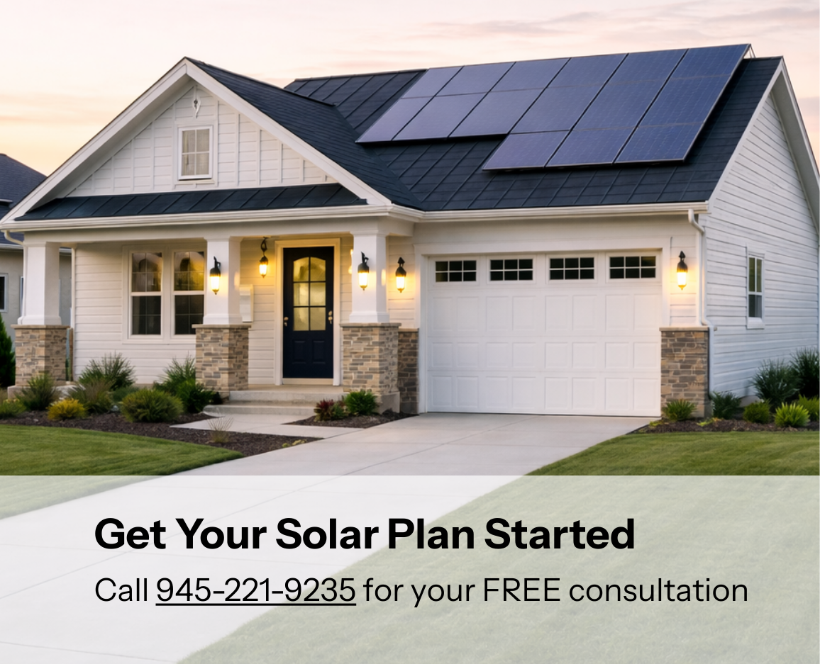 Call Sun Atlas Power at 945-221-9235 showing home with solar panels.