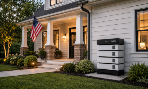 Outback Power EnergyCell 5 4 Stack outside of home with American flag mounted to front porch.