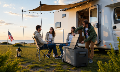 Group of friends sitting outside RV with Anker SOLIX EverFrost 2 cooler and American flag and ocean in the distance.