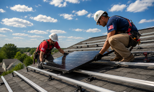 Two people wearing red and blue and hard hats mounting solar panels on roof showing mounting racks.