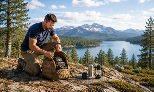 Man opening backpack with water bottle and outdoor light on rock with river and mountains in the background.