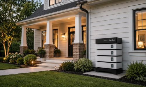 Outback Power EnergyCell 5 4 Stack outside of home with American flag mounted to front porch.
