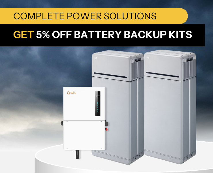 5% off battery backup kits showing LG batteries and Solis inverter with dark storm cloud background.