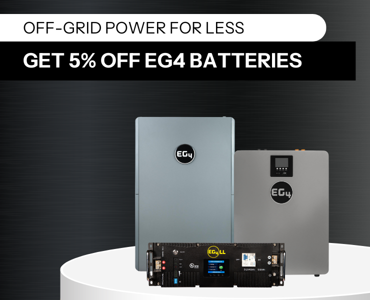 5% off EG4 batteries showing EG4 all-weather wallmount, LL-S lithium, and indoor 100Ah lithium batteries with a dark background.