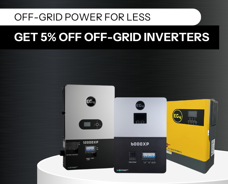 5% off off-grid inverters showing EG4 3kW, 6000XP, and 12000XP with dark background.